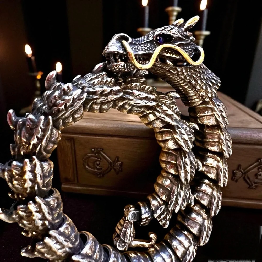 Bold Silver and Brass Toned Ouroboros Blue Eyed Dragon Bracelet 8.5”